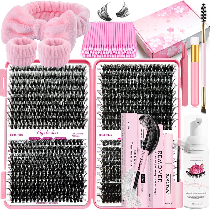 DNSGOOR DIY Lash Extension Kit 720Pcs 1018mm D Curl Lashes Clusters with Lash Bond and Seal Glue Remover Lash Shampoo Cleansing Brush Headband Wristband Tweezers Eyelash Brush Applicator